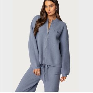 Edikted Knit Zip-Up Jacket in Dusty Blue